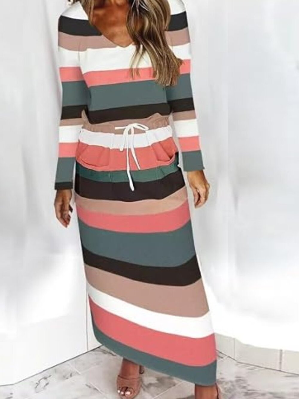 Women's Stripe Dresses V Neck Long Sleeve Maxi Size XL NWOT